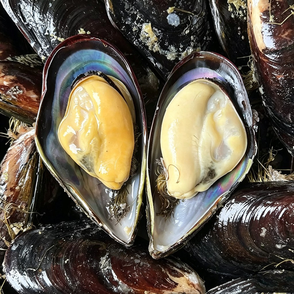 Close-up of plump orange mussel meat inside glossy blue shells