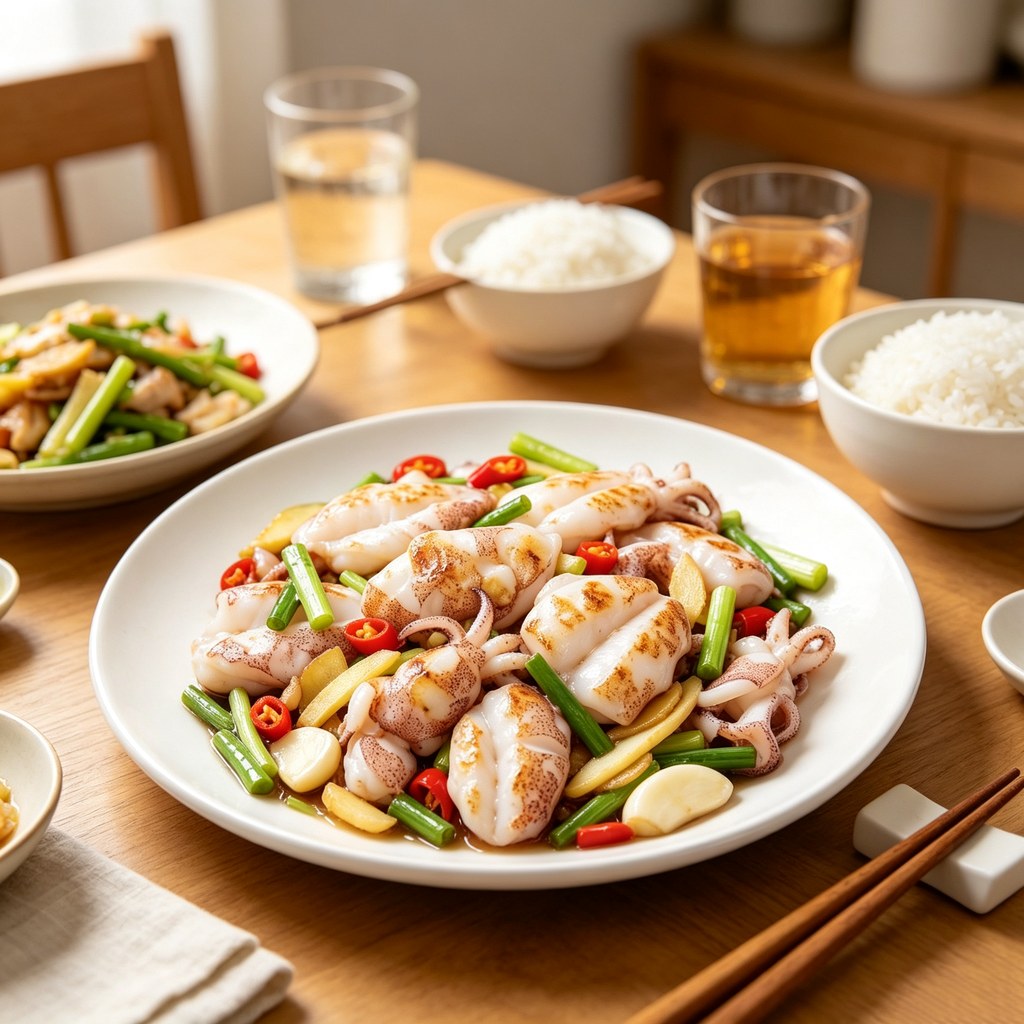 Stir-fried cuttlefish with spring onion and chilli on a table