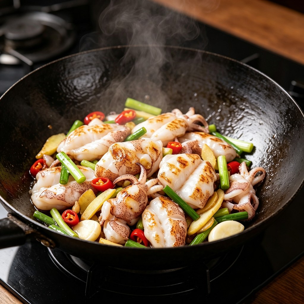 Spicy wok-fried cuttlefish with peppers in a hot pan