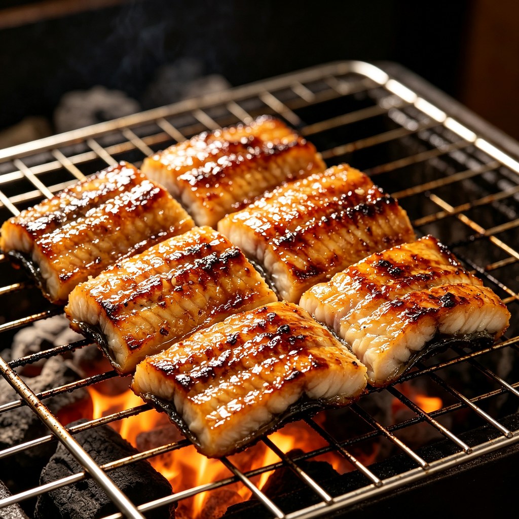 Grilled eel fillets glazed with sweet soy on a wire rack