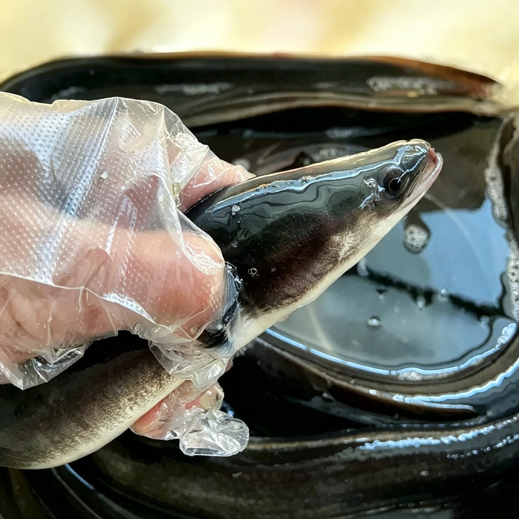 Hand holding a whole dark-skinned eel above a black tray