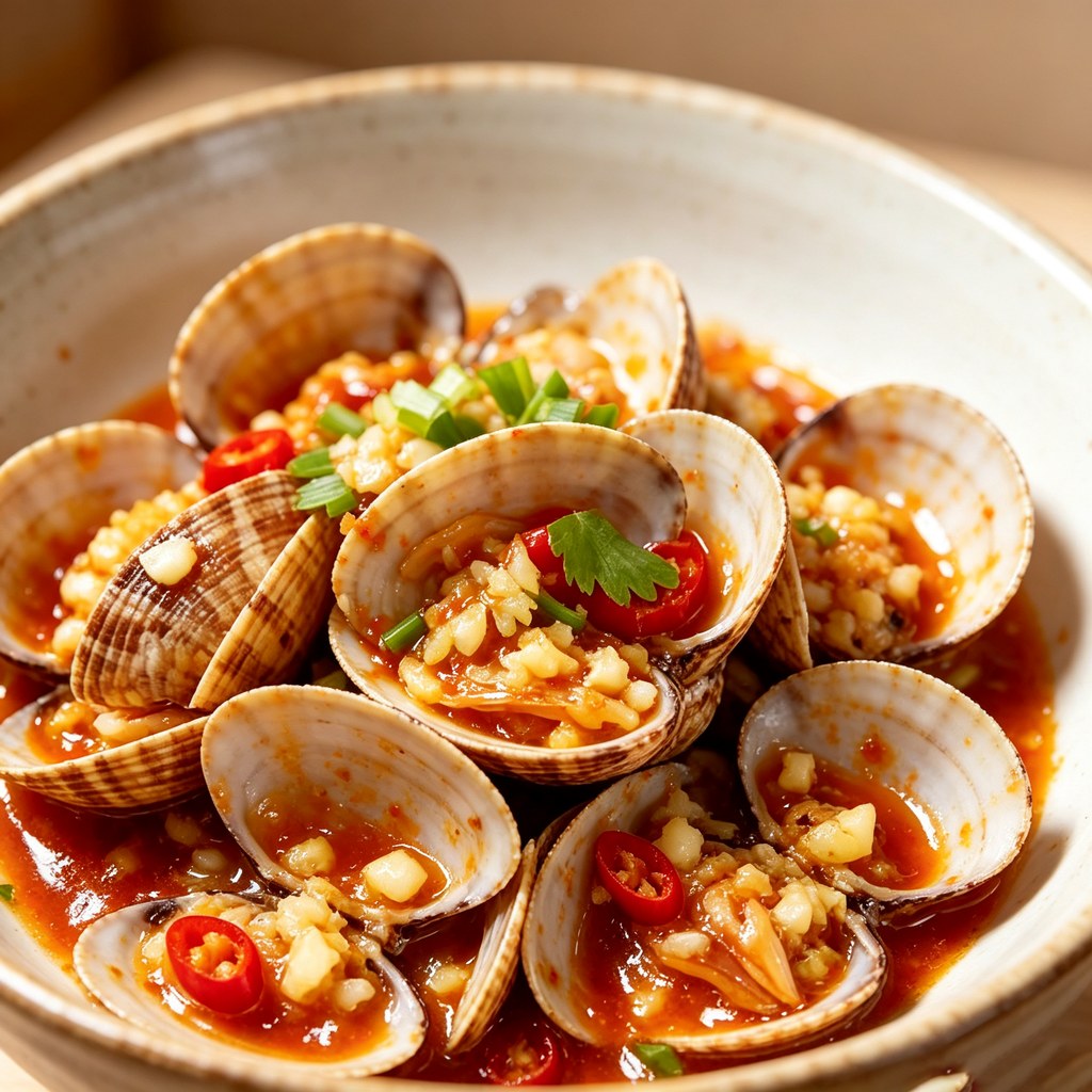 Clams in a spicy garlic chilli sauce on a rustic plate