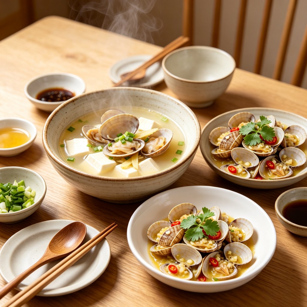 Steamed clams served on a table with dipping sauces