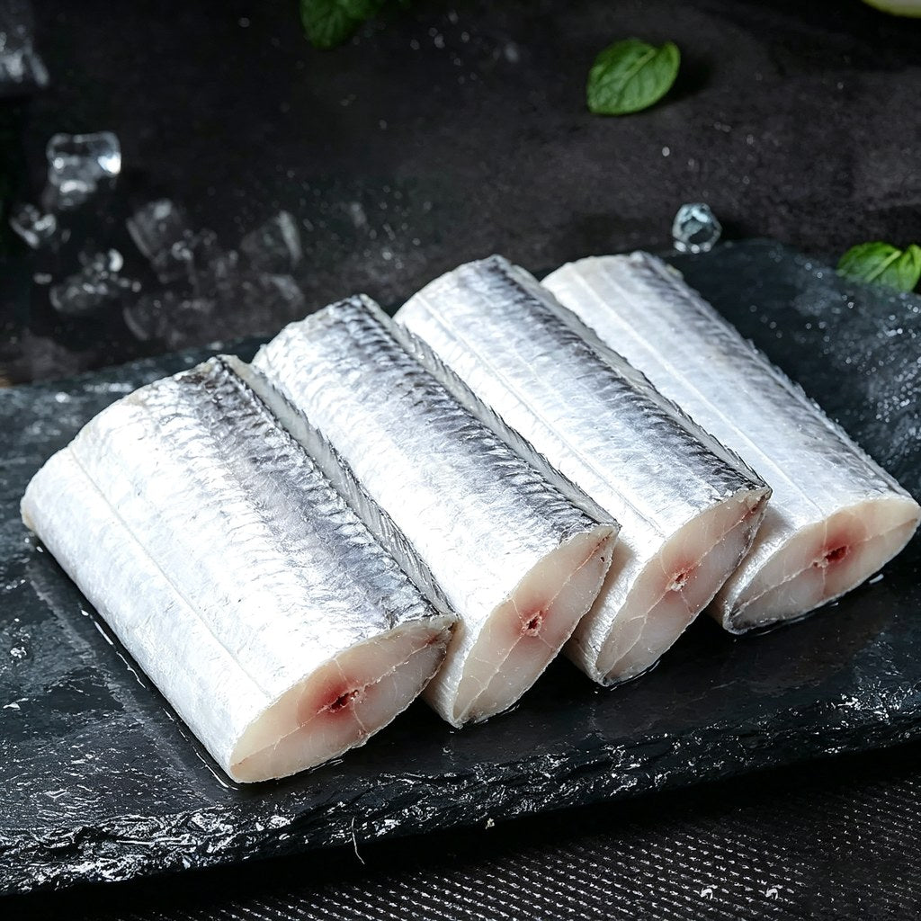 Thick beltfish steaks arranged on dark slate with herbs