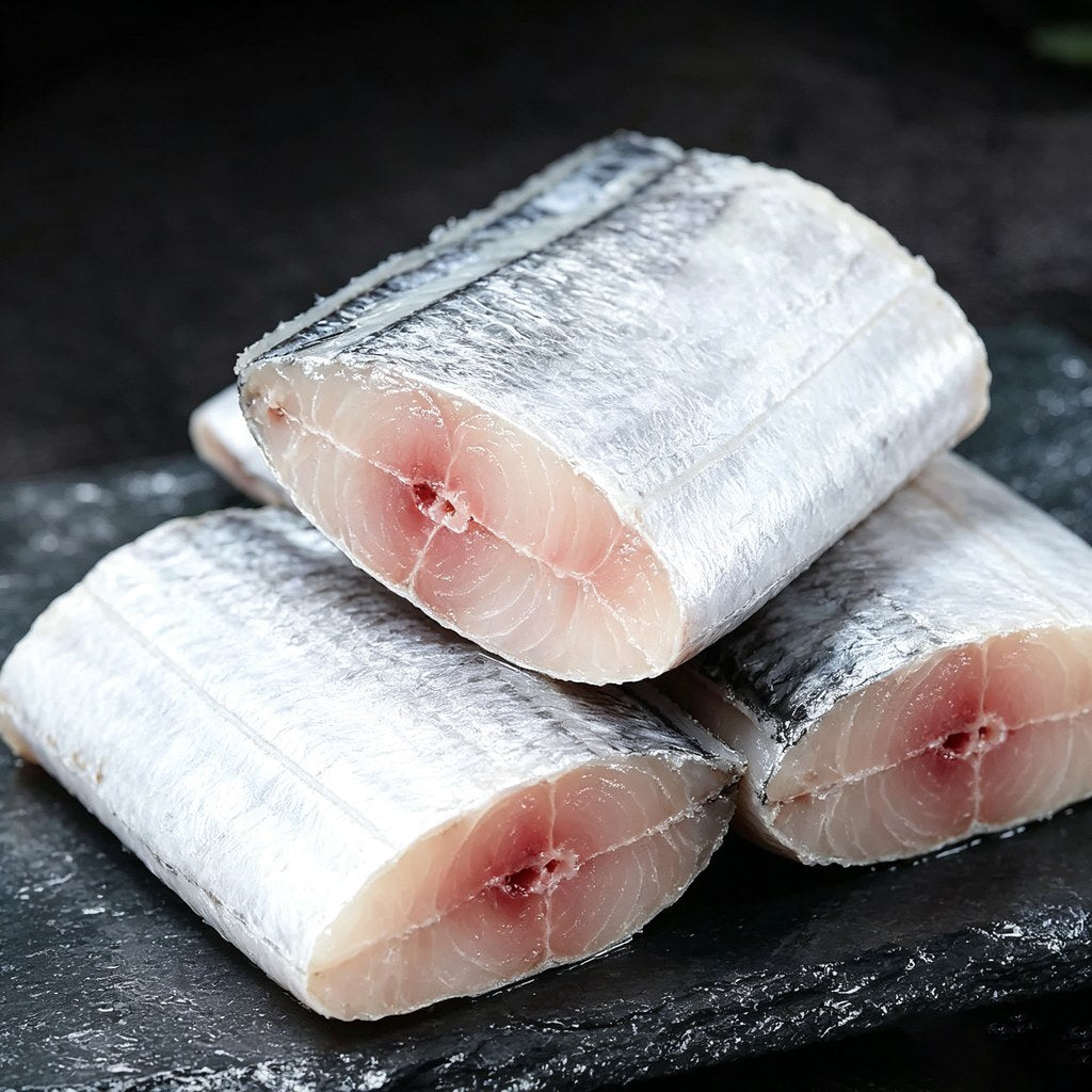 Raw beltfish middle cuts showing bright white flesh