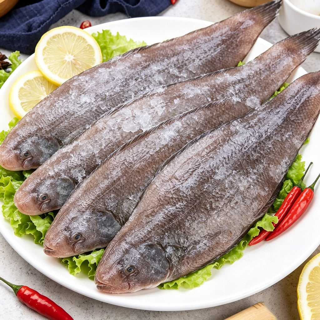 Whole grey flatfish arranged on a plate with lemon and chilli