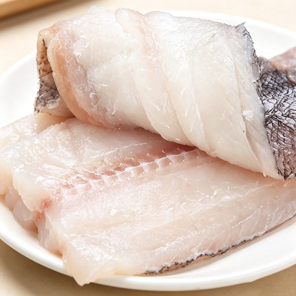 Fresh white flatfish fillets folded on a white plate
