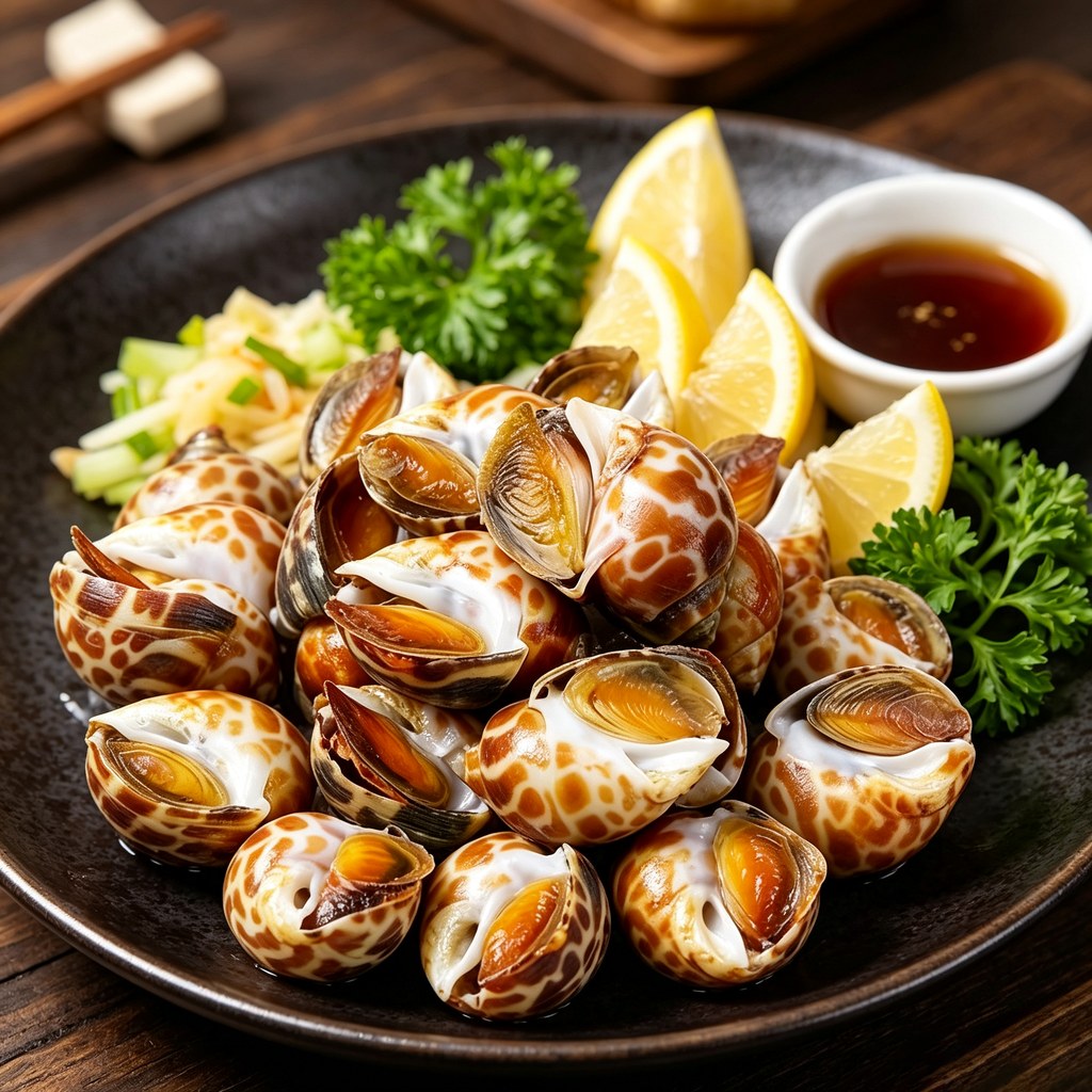 Spotted sea snails piled on a dark plate with lemon wedges