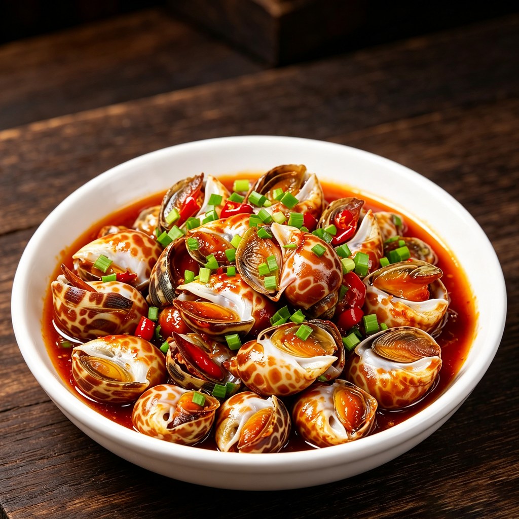 Chilli and garlic snails in red sauce in a white bowl