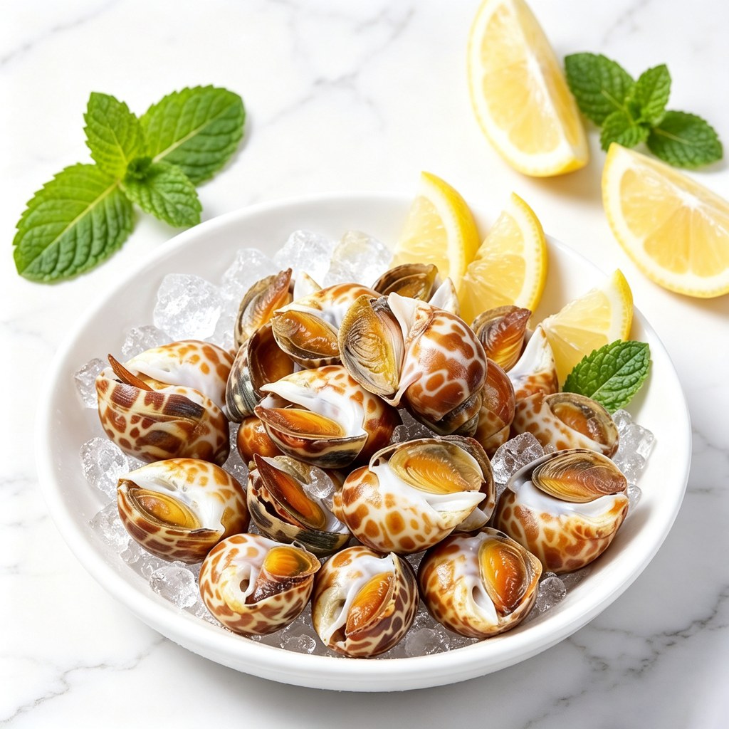 Sea snails on crushed ice with mint and lemon